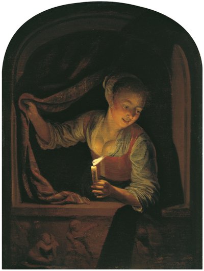 Kobieta z zapaloną świecą w oknie autorstwa Gerrit Dou