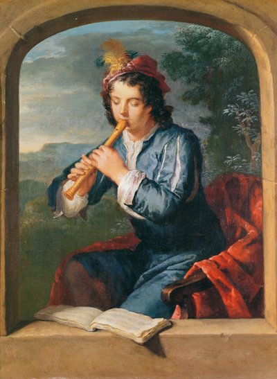 Młody mężczyzna grający na flecie (pastel na papierze) autorstwa Gerard Hoet