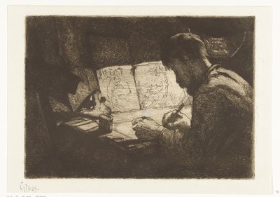Autoportret za deską kreślarską autorstwa Gerard Jan Bos (signed by artist)