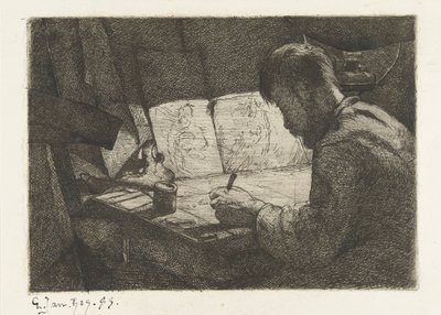 Autoportret za deską kreślarską autorstwa Gerard Jan Bos (signed by artist)