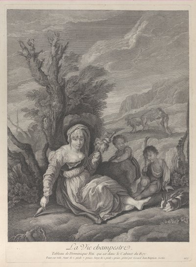 Wiejska kobieta siedząca w krajobrazie z dwoma chłopcami u boku, 1729-40. autorstwa Gerard Jean Baptiste Scotin