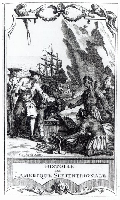 Frontyspis do Histoire de lAmerique septentrionale Bacqueville de La Potherie (1663-1736), opublikowany w 1753 r. (fot. bw) autorstwa Gerard Jean Baptiste Scotin