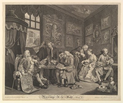 Małżeństwo A-la-Mode, Tablica I, 1 kwietnia 1745. autorstwa Gerard Jean Baptiste Scotin