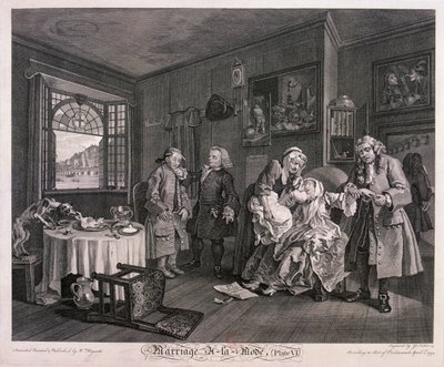 „Małżeństwo a la mode, płyta VI”, 1745 autorstwa Gerard Jean Baptiste Scotin