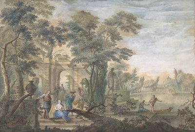 Krajobraz Arkadii z kilkoma figurami i posągiem Diany, XVIII wiek. autorstwa Gerard Melder