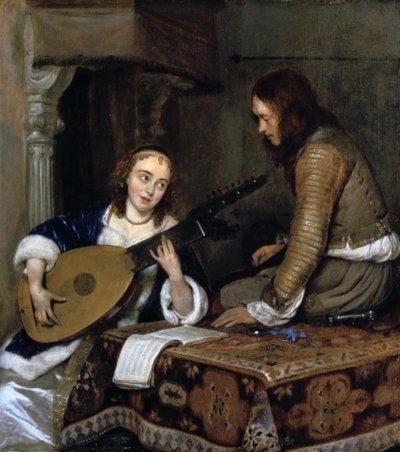 „Kobieta grająca na teorbo-lutni i kawaler”, c1658 autorstwa Gerard Terborch II