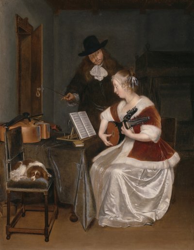 Lekcja muzyki, ok. godz. 1670. autorstwa Gerard Terborch II