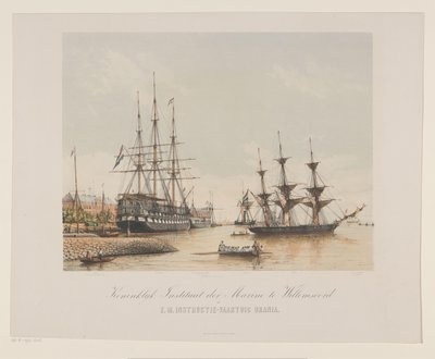 Corvette Z.M. Urania i statek linii Z.M. Kortenaert Królewski Instytut Marynarki Wojennej w Willemsoord i statek instruktażowy H.M. Urania (tytuł na obiekcie) autorstwa Gerard Voorduin
