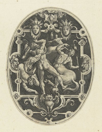 Herkules w walce z centaurami Owalne dekoracje powierzchni z czynami Herkulesa w groteskach (tytuł serii) autorstwa Gerard de Jode