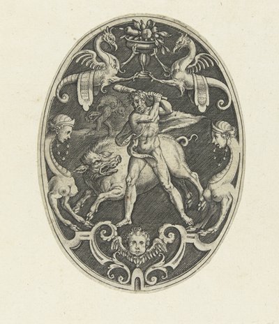 Dekoracja powierzchni: Hercules łapie dzika erymantycznego Owalne dekoracje powierzchni z czynami Herkulesa w groteskach (tytuł serii) autorstwa Gerard de Jode