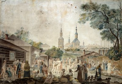 Kąpiel lecznicza w Moskwie, 1790 (wc na papierze) autorstwa Gerard de la Barthe