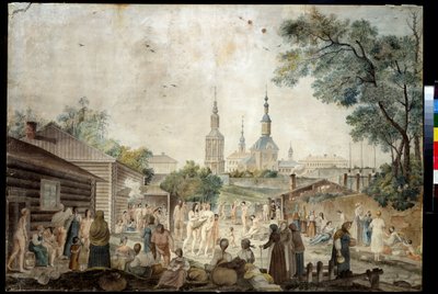 Kuracja termalna (Sauna) w Moskwie (Kąpiel lecznicza w Moskwie). Obraz Gerarda de la Barthe (czynny w latach 1787-1810). Akwarela na papierze, 45,7 x 66,7 cm, ok. 1790. Sztuka francuska XVIII wieku. Muzeum zbiorów prywatnych w Muzeum Sztuk Pięknych im. A.  autorstwa Gerard de la Barthe