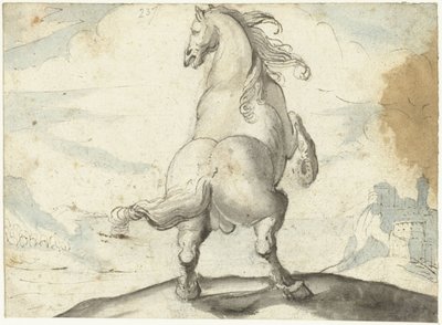 Hodowla konia przed włoskim widokiem na port autorstwa Gerard ter Borch (I)