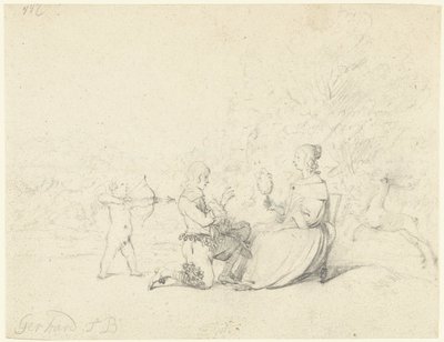 Pan klęczący przed damą autorstwa Gerard ter Borch (II)