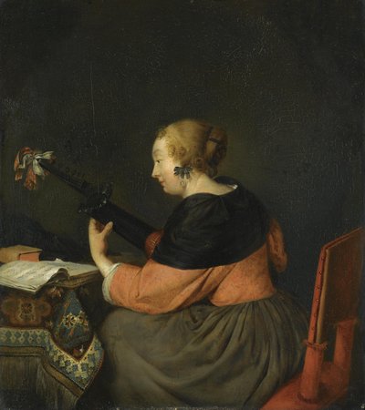 Dama siedząca i grająca na lutni autorstwa Gerard ter Borch