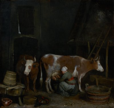 Służąca dojąca krowę w stodole autorstwa Gerard ter Borch