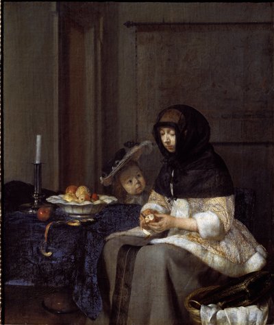 Matka obierająca jabłko (olej na płótnie) autorstwa Gerard ter Borch