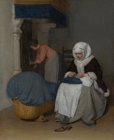 Kobieta szyjąca przy kołysce autorstwa Gerard ter Borch