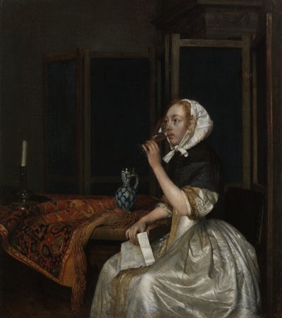 Młoda kobieta z kieliszkiem wina, trzymająca list w dłoni autorstwa Gerard ter Borch
