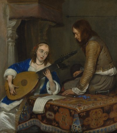 Kobieta grająca na teorbo-lutni i kawaler, ok. 1658 r autorstwa Gerard ter Borch