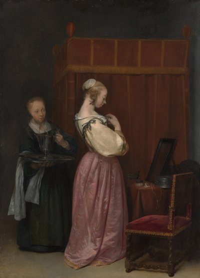 Młoda kobieta w toalecie z pokojówką, ok. 1650-51 autorstwa Gerard ter Borch