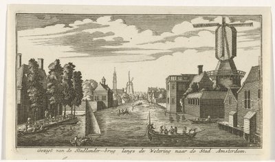 Zobacz wzdłuż Wetering na Amsterdamie Widok z mostu Stadlander wzdłuż Wetering do miasta Amsterdam (tytuł na obiekcie) autorstwa Gerardus Condet