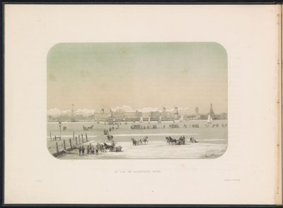 Lodowa rozrywka na Maas w Rotterdamie, widziana z Katendrechtu, 1855 Widziane miasto Katendrecht (tytuł na obiekcie) Zabawa na lodzie na Maas w Rotterdamie w lutym 1855, z podpisami (tytuł serialu na obiekcie) autorstwa Gerardus Johannes Bos