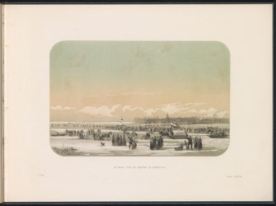 Lodowa rozrywka na Maas w Rotterdamie, w oddali fabryka w Feijenoord, 1855 Maas przed fabryką w Feijenoord (tytuł na obiekcie) Zabawa na lodzie na Maas w Rotterdamie w lutym 1855, z podpisami (tytuł serialu na obiekcie) autorstwa Gerardus Johannes Bos