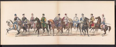 Maskarada uczniów Leiden, 1870 (tablica 10) Procesja w kostiumach zorganizowana przez członków korpusu studenckiego Leiden w dniu 7 czerwca 1870 r., z okazji 295. rocznicy Leidsche Hoogeschool, przedstawiająca wizytę w Lejdzie w autorstwa Gerardus Johannes Bos
