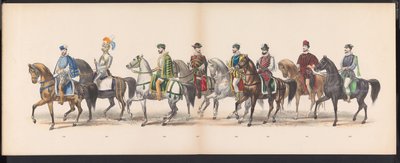 Maskarada uczniów Leiden, 1870 (tablica 13) Procesja w kostiumach zorganizowana przez członków korpusu studenckiego Leiden w dniu 7 czerwca 1870 r., z okazji 295. rocznicy Leidsche Hoogeschool, przedstawiająca wizytę w Lejdzie w autorstwa Gerardus Johannes Bos