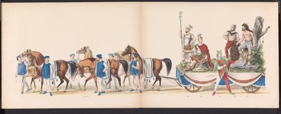 Maskarada studentów z Leiden, 1870 (tablica 15) Procesja w kostiumach zorganizowana przez członków korpusu studenckiego Leiden w dniu 7 czerwca 1870 r., z okazji 295. rocznicy Leidsche Hoogeschool, przedstawiająca wizytę w Lejdzie w autorstwa Gerardus Johannes Bos