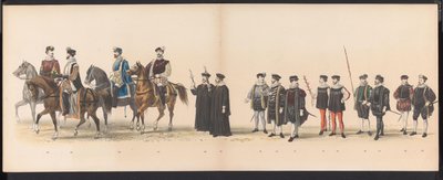 Maskarada uczniów Leiden, 1870 (tablica 6) Procesja w kostiumach zorganizowana przez członków korpusu studenckiego Leiden w dniu 7 czerwca 1870 r., z okazji 295. rocznicy Leidsche Hoogeschool, przedstawiająca wizytę w Lejdzie w autorstwa Gerardus Johannes Bos