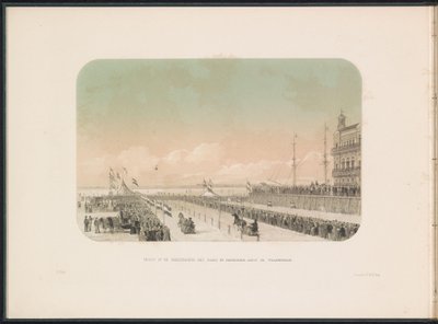 Wyścig powozów konnych na Maasie w Rotterdamie, 1855 r. Widok na wyścigi uprzęży z saniami konnymi i błazna, wzdłuż Willemskade (tytuł na obiekcie) Zabawa na lodzie na Maas w Rotterdamie w lutym 1855, z podpisami (tytuł serialu na obiekcie) autorstwa Gerardus Johannes Bos