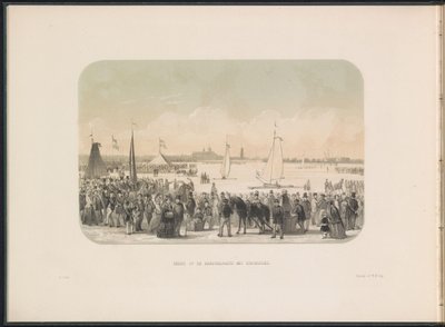 Konkurs na lodowe jachty żaglowe na Maasie w Rotterdamie, 1855 Widok na hardsailing party z bojerami (tytuł na obiekcie) Zabawa na lodzie na Maas w Rotterdamie w lutym 1855, z podpisami (tytuł serialu na obiekcie) autorstwa Gerardus Johannes Bos