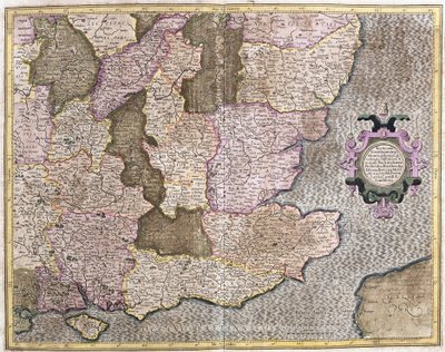 Południowo-wschodni region Anglii, w tym Kanał Brytyjski i Londyn (grawerowanie autorstwa Gerardus Mercator