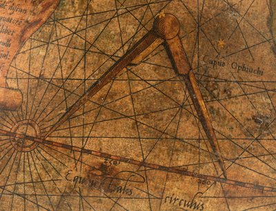 Globus ziemski, szczegół Oceanu Spokojnego z dużą parą przegródek autorstwa Gerardus Mercator