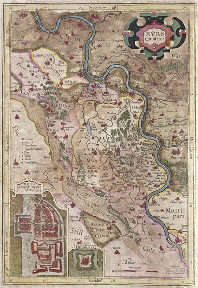 Przebieg rzeki Ren w Westfalii w Niemczech (rycina autorstwa Gerardus Mercator