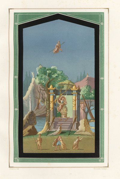 Malarstwo pejzażowe z Exedry w domu Wezoniusza Primusa, folusznika. Chromolitografia Victora Steegera na podstawie ilustracji Geremii Discanno z Emile Presuhn (1844-1878) Najpiękniejsze obrazy Pompejów, Lipsk autorstwa Geremia Discanno