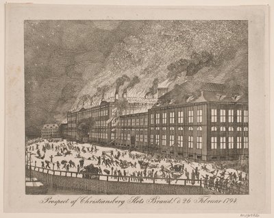 Prospekt dotyczący pożaru zamku Christiansborg w dniu 26 lutego 1794 r. autorstwa Gerhard Ludvig Lahde