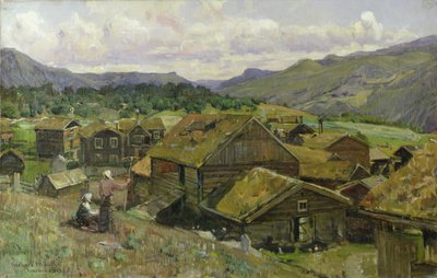 Norweska wioska z dwiema kobietami (olej na płótnie) autorstwa Gerhard Peter Frantz Vilhelm Munthe