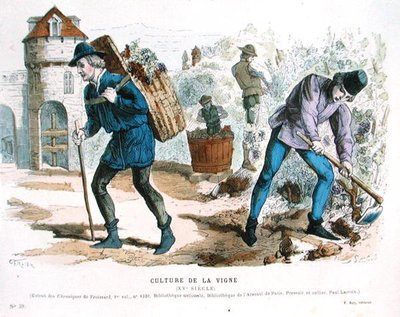 Uprawa winorośli w XV w., według "Chroniques" Froissarda, z "Costumes de Paris a Travers les Siecles" wyd. Roy, opublikowane w 1887 r. (rycina kolorowa) autorstwa Gerlier (after)