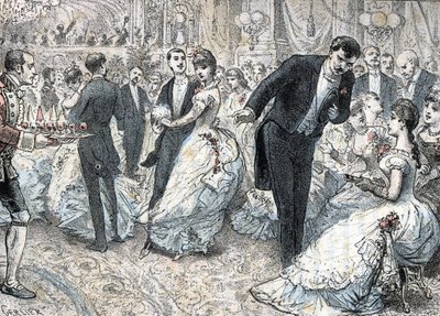 Społeczeństwo i życie towarzyskie: bal około 1880 r. (Wyższe społeczeństwo i życie towarzyskie: bal) rycina z „” Potrzeby życia” autorstwa Rengade autorstwa Gerlier Gerlier