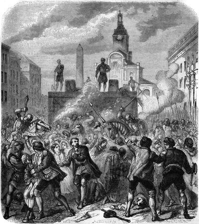 Rozlew krwi w Sztokholmie, masakry szwedzkich przywódców narodowego ruchu oporu zlecone przez króla Danii Chrystiana II, 8 listopada 1520 r.: armia próbuje uspokoić gniew ludności, zmuszonej do oglądania egzekucji. Grawerowanie Gerlier autorstwa Gerlier Gerlier