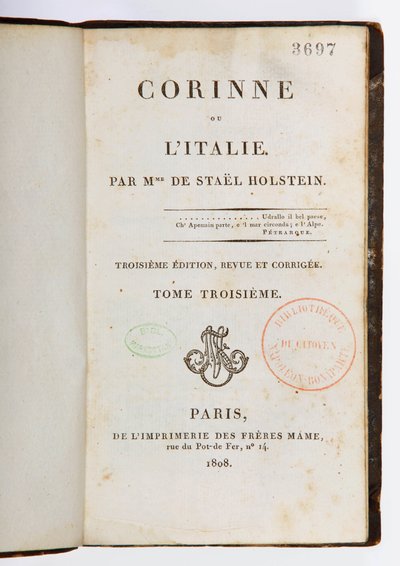 Strona tytułowa Corinne ou lItalie, wydanie trzecie poprawione i rozszerzone, tom trzeci, Imprimerie des Freres Mame, Paryż, 1808 (papier zadrukowany) autorstwa Germaine de Stael
