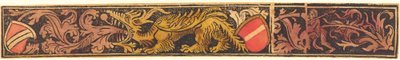 Groteskowy pasek ze smokiem, tarczami i dzikimi ludźmi autorstwa German 15th Century