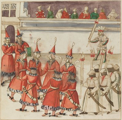 Siedmiu mężczyzn w czerwieni zebranych w kręgu autorstwa German 16th Century