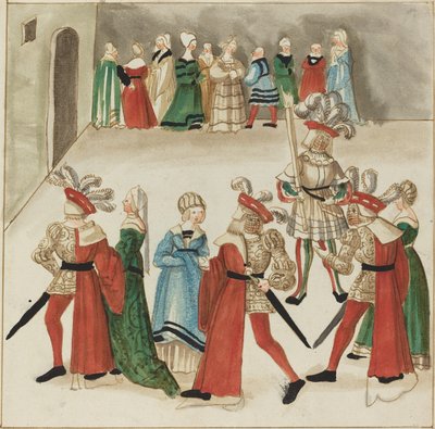 Trzech mężczyzn w czerwonych pelerynach tańczy ze swoimi partnerami autorstwa German 16th Century