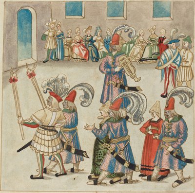 Dwie tańczące pary prowadzone przez rycerzy niosących pochodnie autorstwa German 16th Century