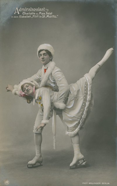 Pocztówka z łyżwiarzami, wysłana w 1913 r. (zdjęcie ręcznie kolorowane) autorstwa German Photographer