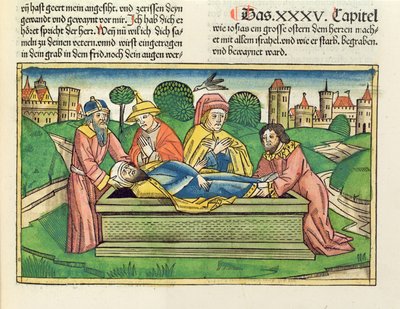 2 Kronik 35 24 Pogrzeb Jozjasza, z Biblii Norymberskiej (Biblia Sacra Germanaica) (kolorowy drzeworyt) autorstwa German School